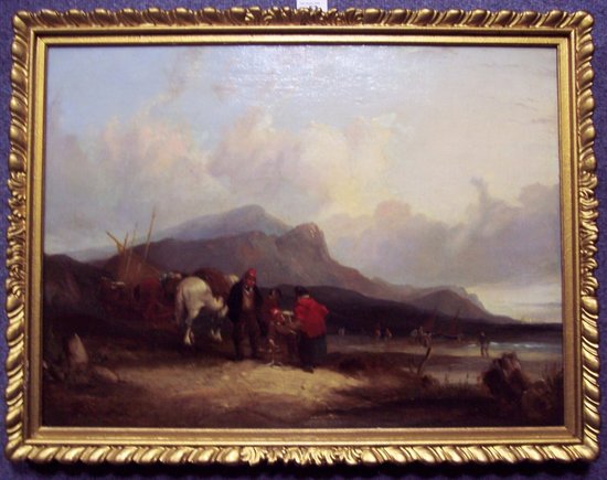 Appraisal: Circle of William Shayer Shore Scene with numerous fisherfolk carts