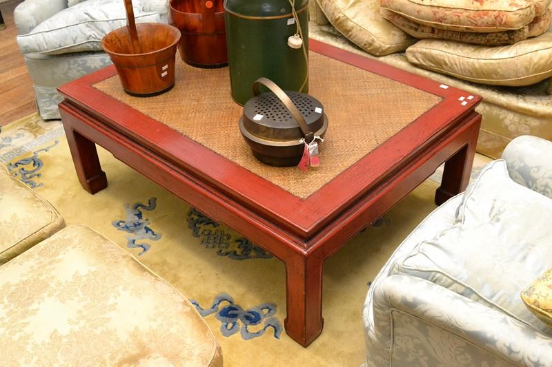 Appraisal: RED PAINTED CHINESE LOW TABLE WITH RATTAN INSET TOP RED