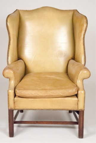 Appraisal: Leather Upholstered Wingback Chair Nailhead trim mahogany frame Made by