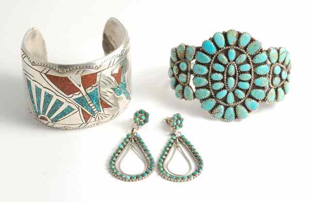 Appraisal: TWO NAVAJO SILVER BRACELETS AND PAIR EARRINGS the latter tear