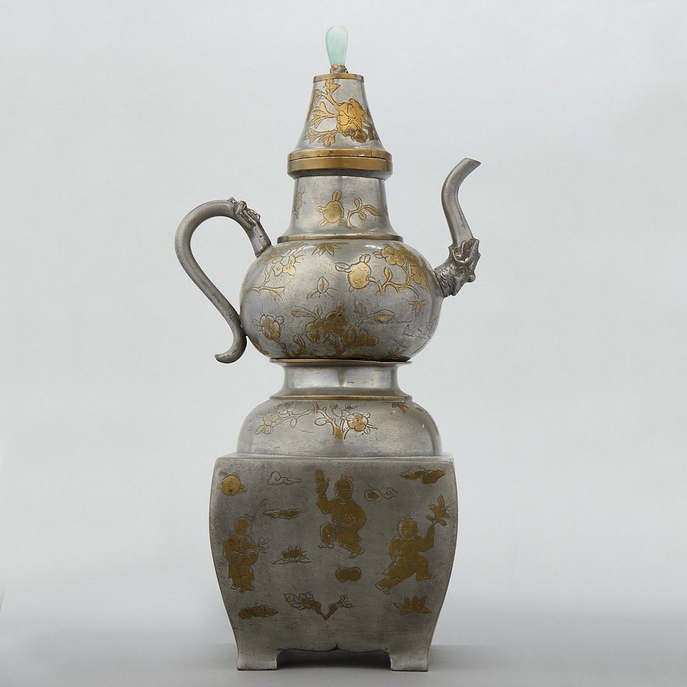 Appraisal: Chinese Pewter Wine Warmer w Jade Finial Striking and large