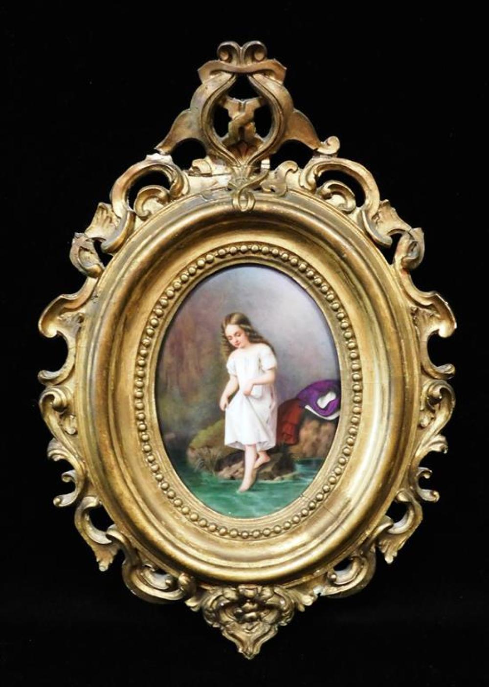 Appraisal: Hand-painted porcelain plaque depicting girl dipping toe in stream late