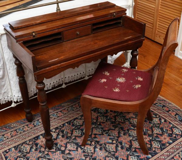 Appraisal: A S SPINET DESK WITH NEEDLEPOINT SEAT CHAIRAs shown ONSITE