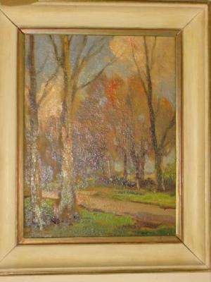 Appraisal: OWEN BOWEN Autumnal Trees signed on board x stained frame