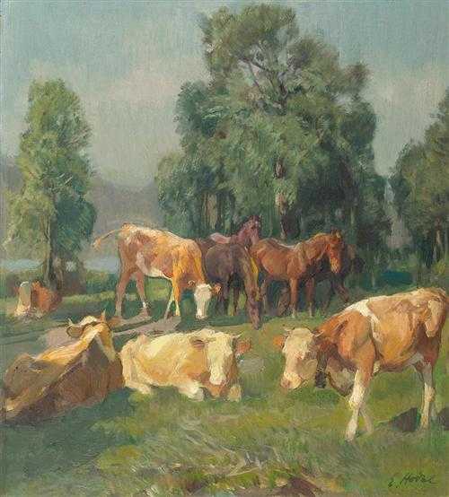 Appraisal: HODEL ERNST Thun - Lucerne Cows on the meadow Oil