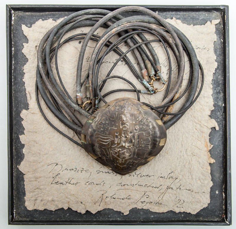 Appraisal: ROLANDO NEGOITA HAND-WROUGHT BRONZE AND LEATHER NECKLACE AND COMPANION TRAY