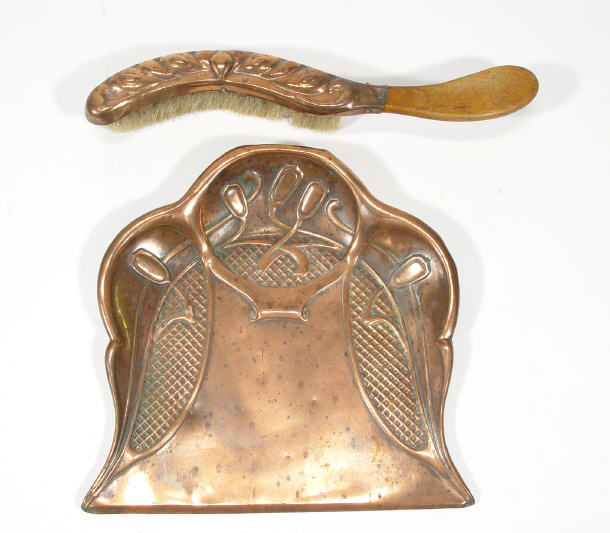 Appraisal: JS S Art Nouveau copper crumb tray and brush embossed