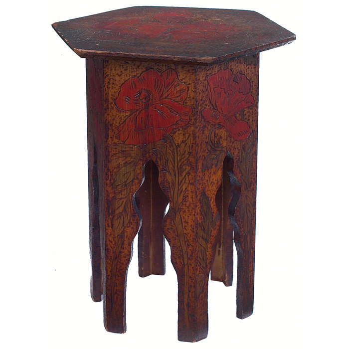 Appraisal: Arts Crafts tabouret hexagonal top with a pyrographic poppy design