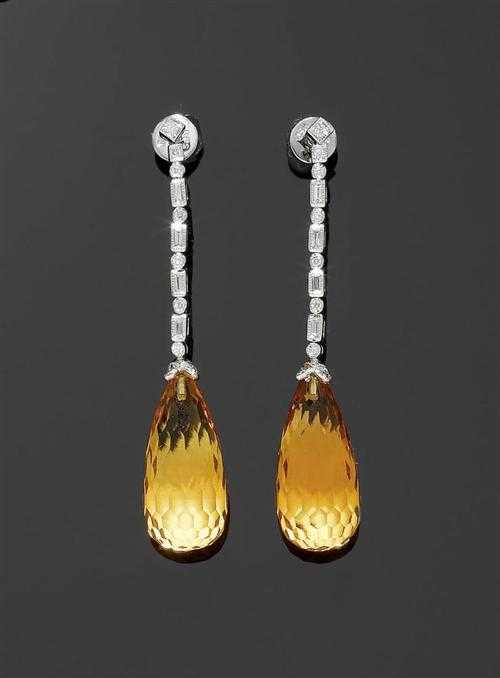 Appraisal: CITRINE AND BRILLIANT-CUT DIAMOND PENDANT EARRINGS White gold Elegant decorative