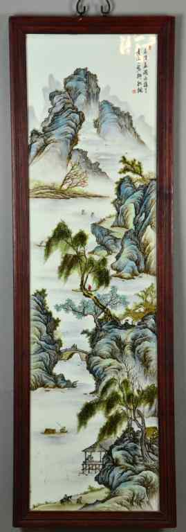 Appraisal: Large Chinese Painted Porcelain PlaqueDepicting mountains trees and figues on