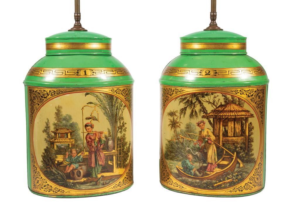 Appraisal: Pair of English Tole Peinte Tea Canisters decorated with Chinoiserie