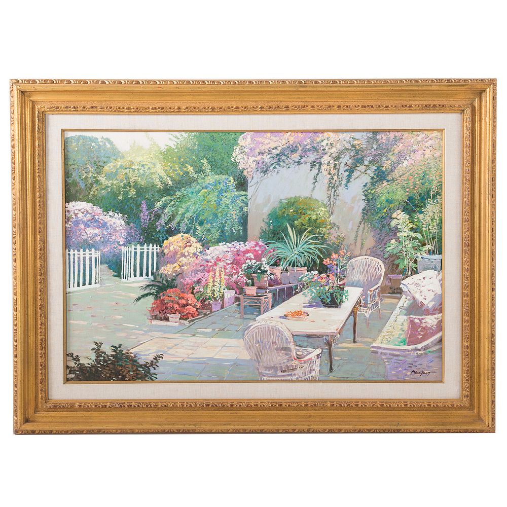 Appraisal: Ming Jeng Impressionist View of a Patio Oil Chinese th