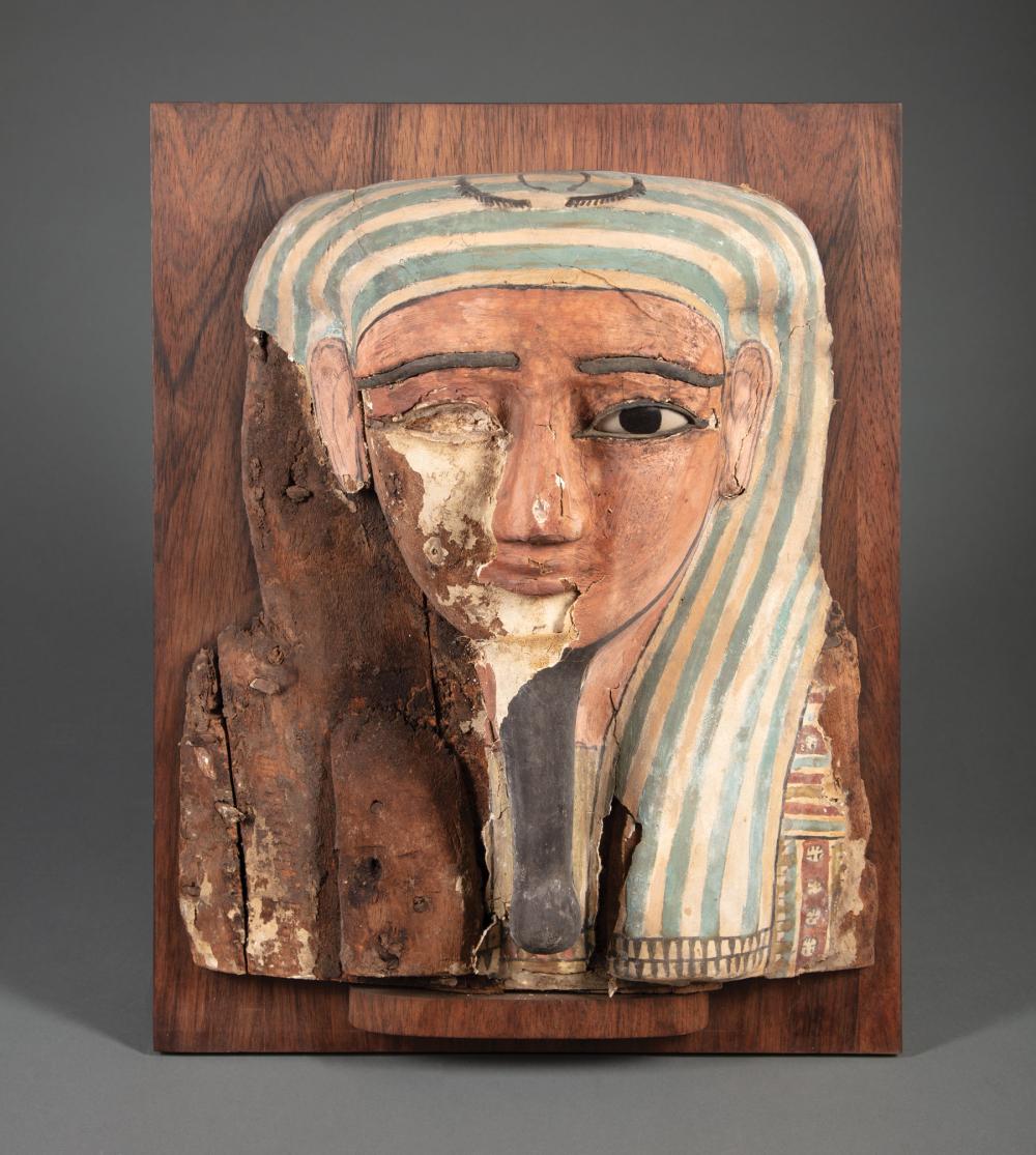 Appraisal: Egyptian Polychrome Gesso on Wood Mummy Mask h in w