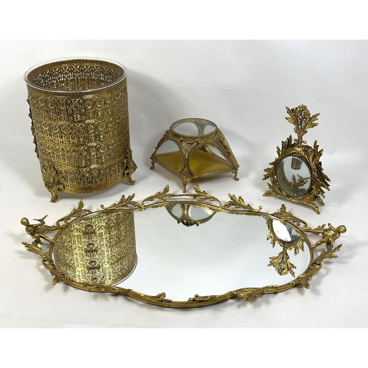 Appraisal: pc Boudoir Dresser Set Fancy Gilt Metal Dresser Tray Lidded