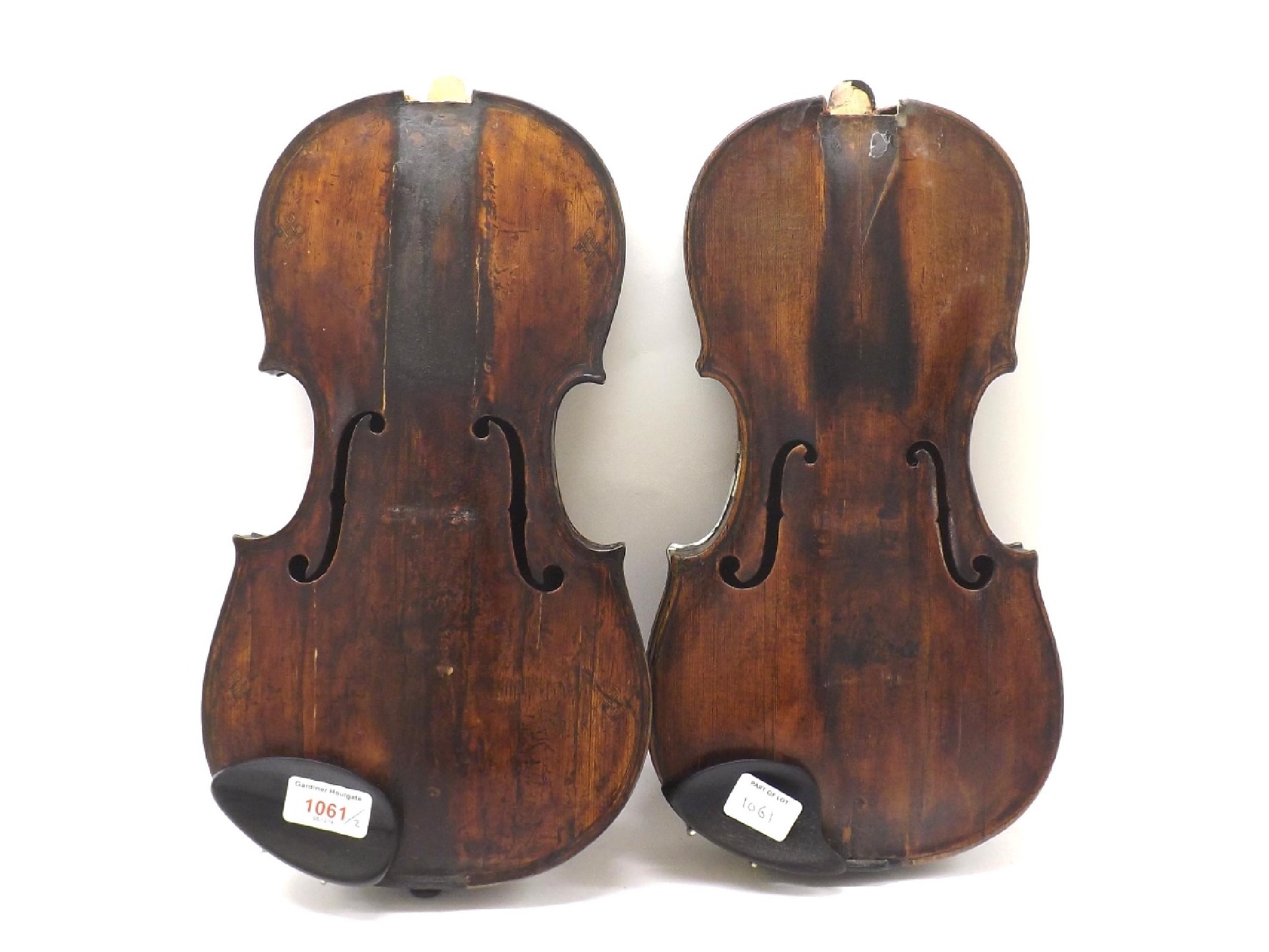 Appraisal: Two interesting old violin bodies in need of extensive restoration