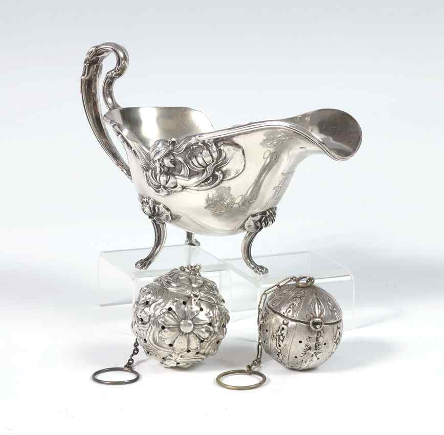 Appraisal: ART NOUVEAU STERLING GRAVY BOAT TEA BALLS To include Unger