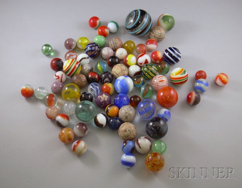 Appraisal: Approximately Twenty Glass and Clay Marbles many internally decorated