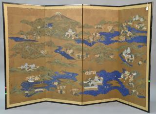 Appraisal: Painted folding four-panel screen depicting various stops on the Tokaido