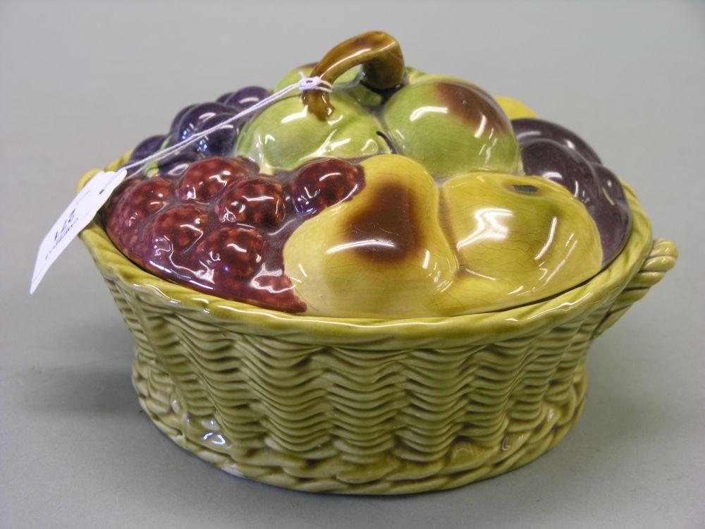 Appraisal: A Sarreguemines France fruit dish and cover woven effect the