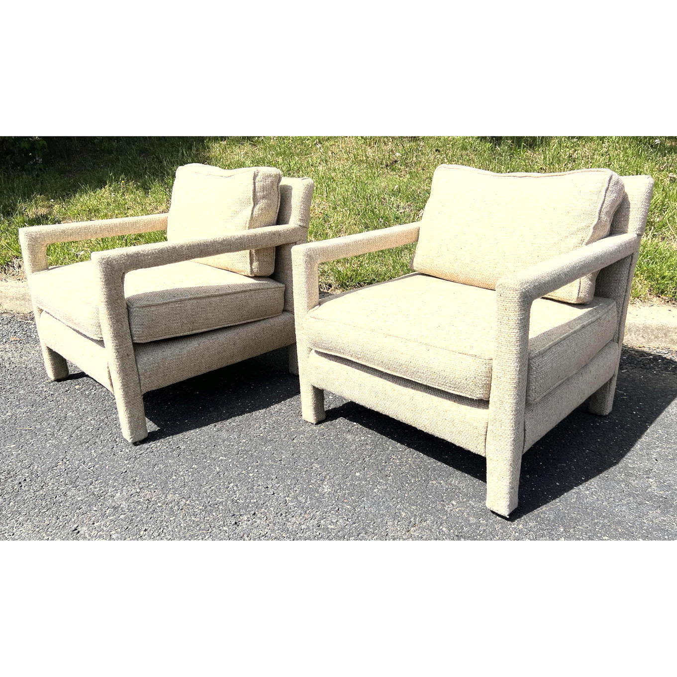 Appraisal: Pr Modernist Open Arm Lounge Chairs Fully Upholstered in beige