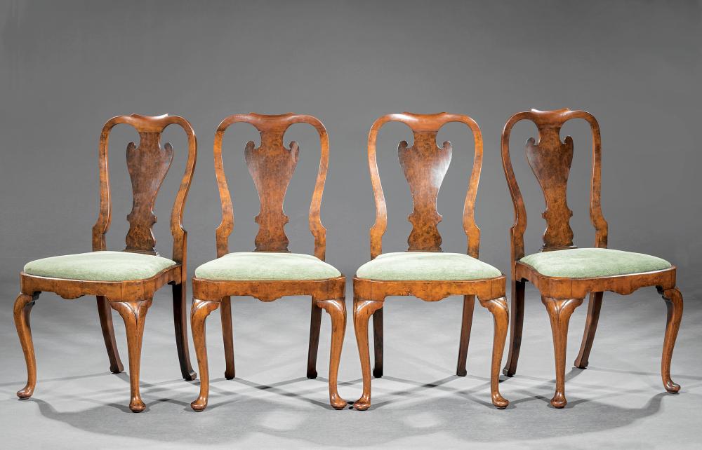 Appraisal: Four Antique Queen Anne-Style Walnut and Burled Side Chairs shaped