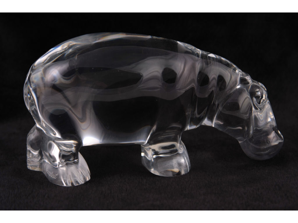 Appraisal: Baccarat Crystal Hippo with Original Box etched Baccarat France circular