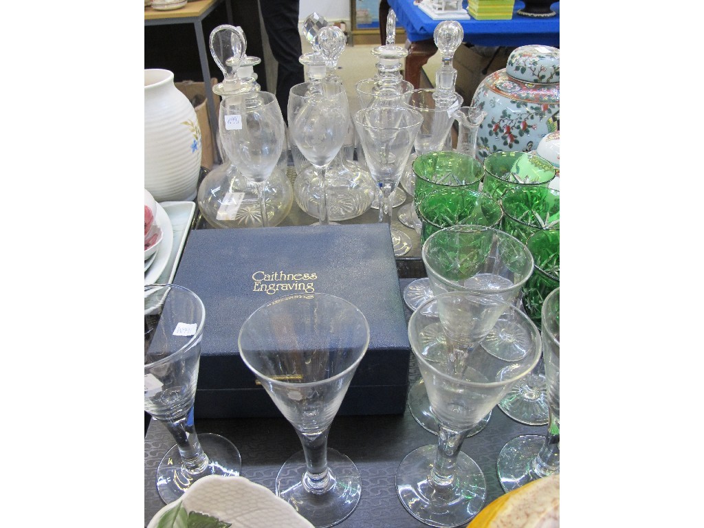 Appraisal: Two trays of assorted decanters and drinking glasses