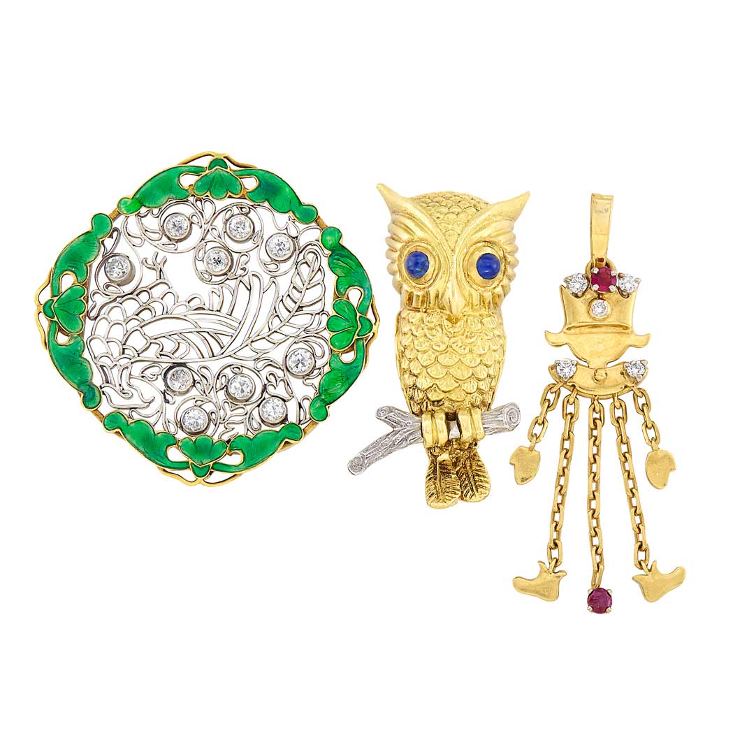 Appraisal: Gold and Gem-Set Owl Pin and Puppet Pendant and Edwardian