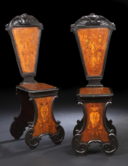 Appraisal: Pair of Italian Inlaid Mahogany and Ebonized Hall Chairs third