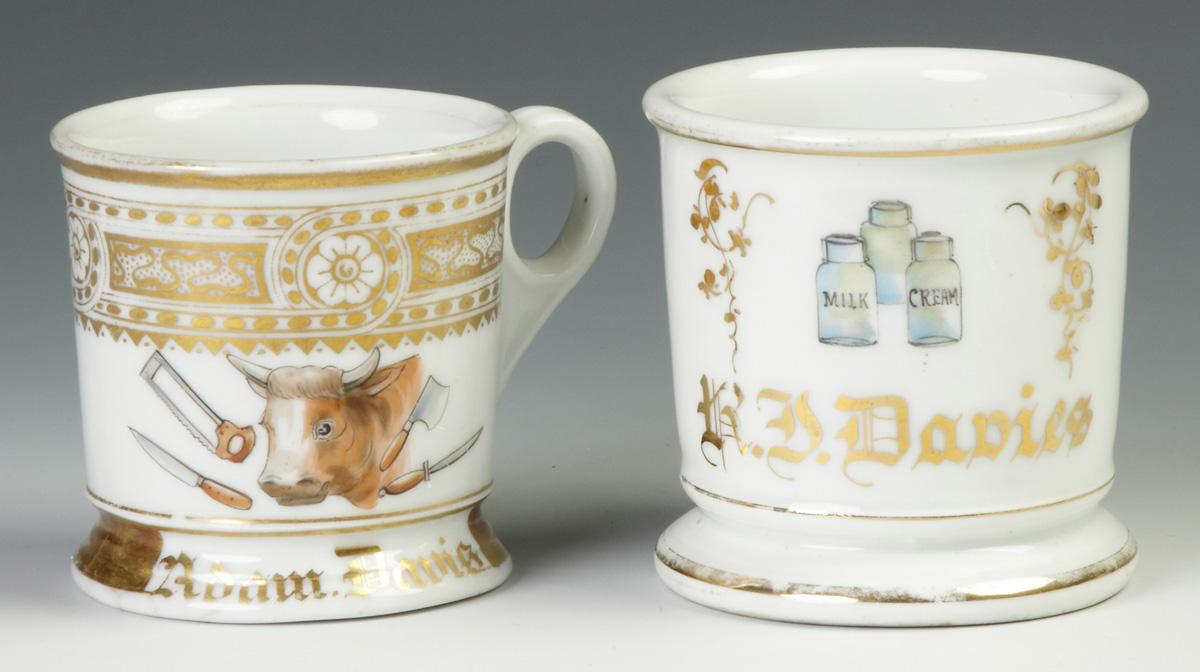 Appraisal: Two Vintage Occupational Shaving Mugs - Butcher Milk Cream Cans