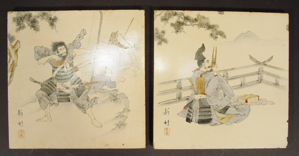 Appraisal: Two Japanese square earthenware tiles one hand painted with a