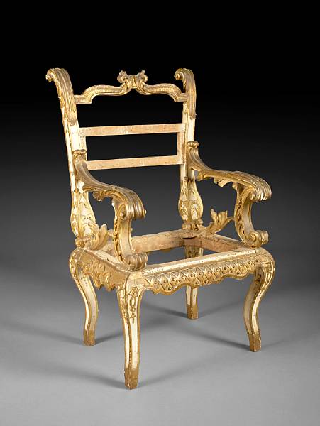 Appraisal: A Continental Rococo parcel gilt and paint decorated armchair late