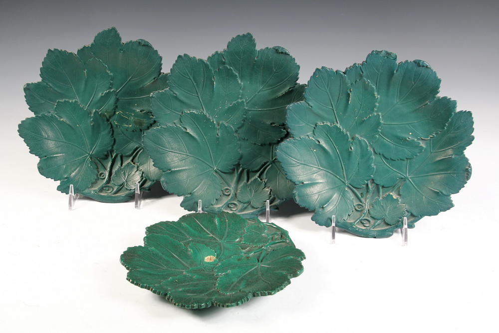 Appraisal: PAINTED PLATES - Large Medium Leaf Form Plates in dark