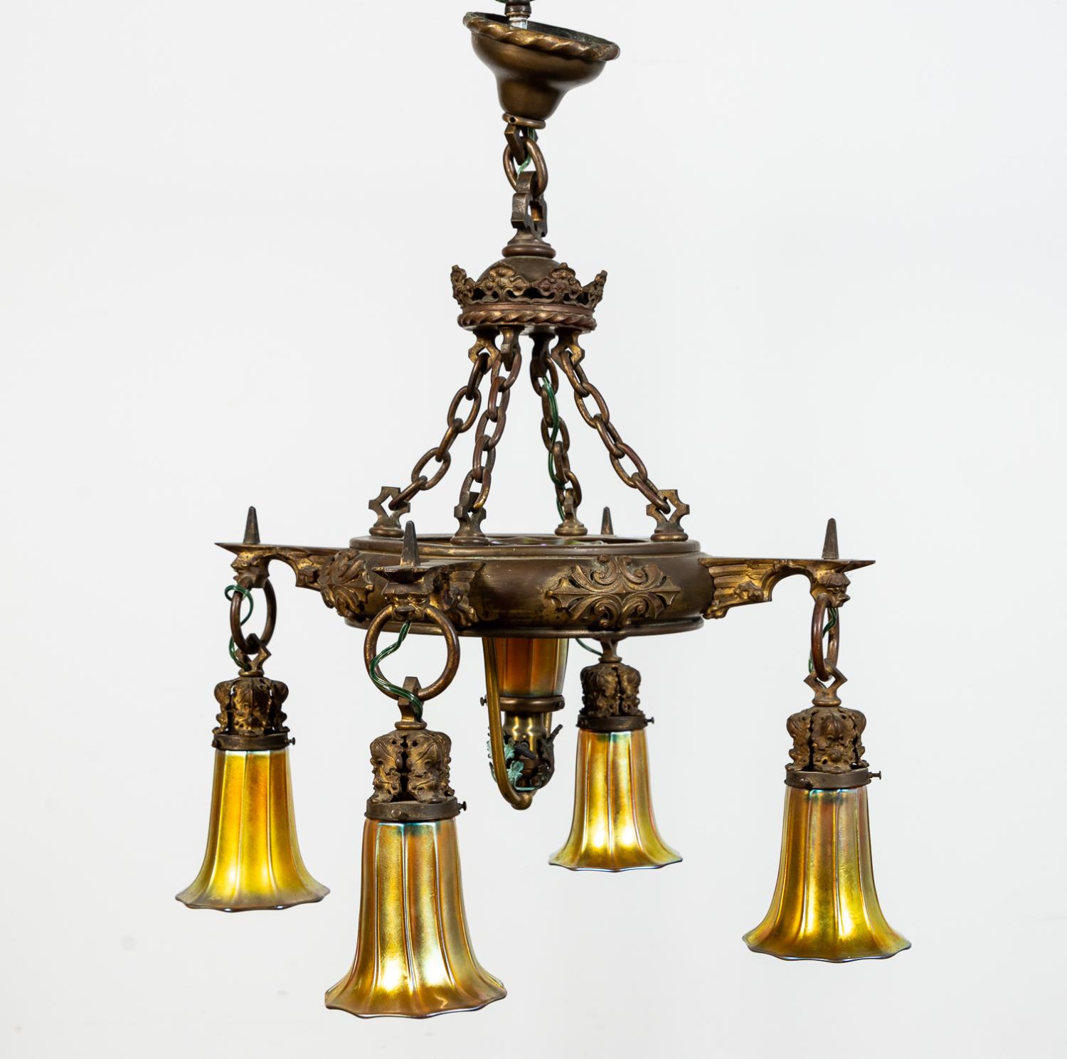 Appraisal: ARTS CRAFTS CHANDELIER SIGNED STEUBEN SHADES American early th century