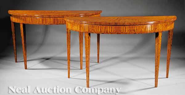 Appraisal: A Pair of Antique Irish Inlaid Satinwood Demilune Tables in