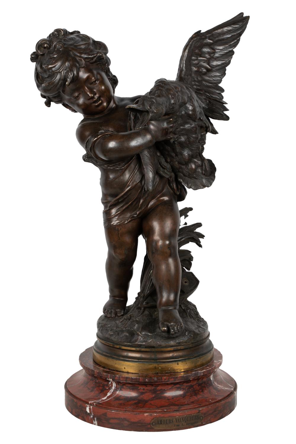 Appraisal: AFTER AUGUSTE MOREAU CHILD WITH GOOSEbronze group on a rouge