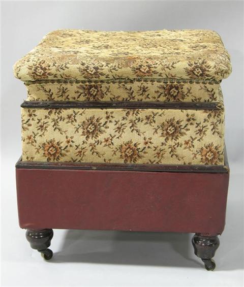 Appraisal: SMALL UPHOLSTERED FOOTSTOOL The square upholstered top above red leather