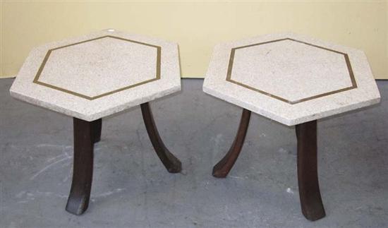 Appraisal: PAIR HARVEY PROBER TABLES Walnut mosaic and inlaid stone hexagon