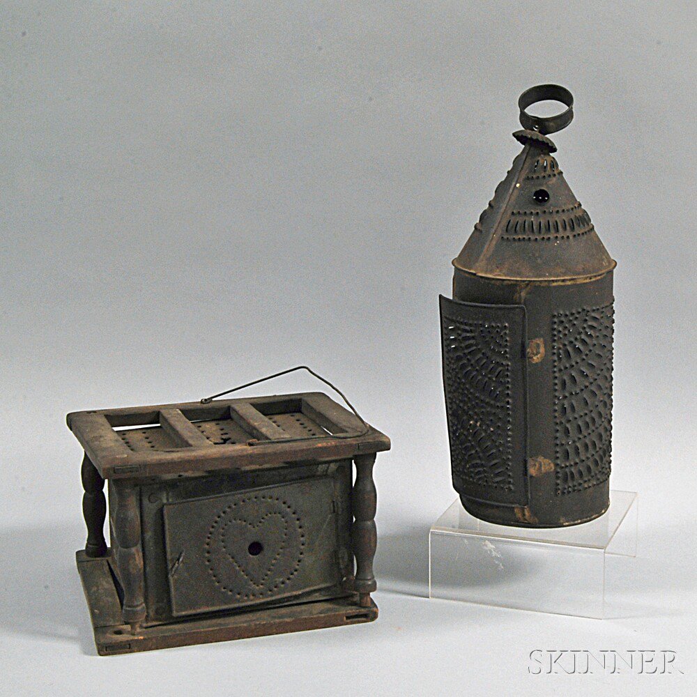 Appraisal: Pierced Tin Lantern and a Footwarmer the footwarmer with turned