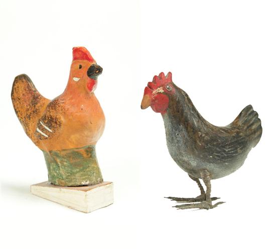 Appraisal: TWO ROOSTERS American late th-early th century Papier mache pipsqueak