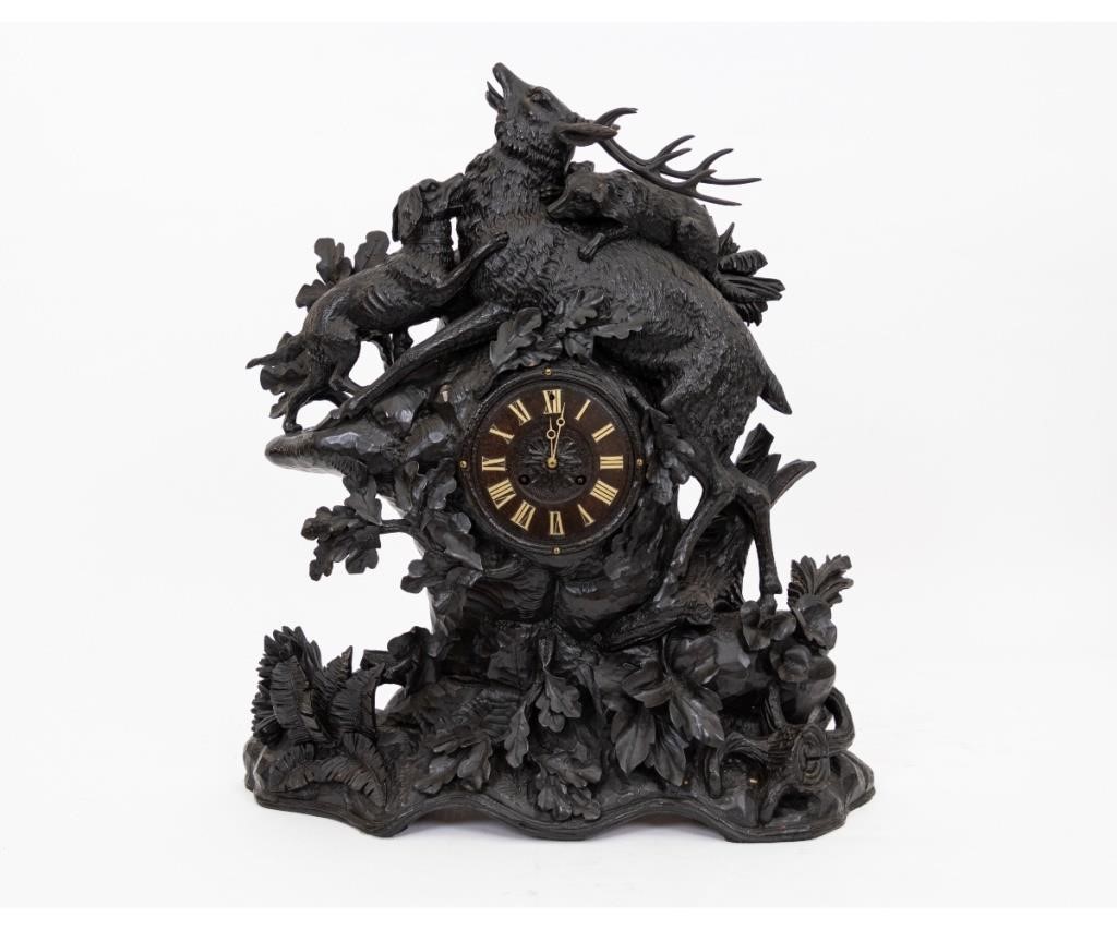 Appraisal: Large Black Forest clock with carved stag and dogs late