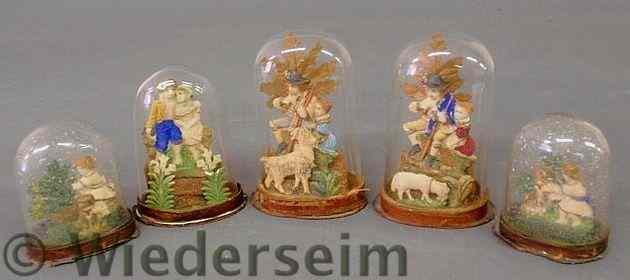 Appraisal: Five Continental ceramic faux wax Alpine figural groups with animals