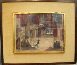 Appraisal: Illegibly Signed Watercolor Depicting a stage setting in deep purples