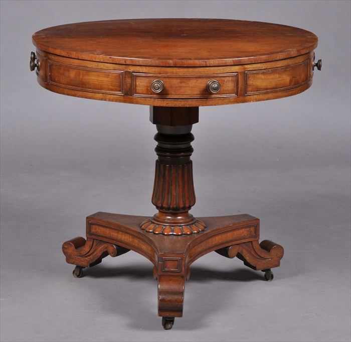 Appraisal: REGENCY MAHOGANY SMALL DRUM TOP TABLE The cross-banded top above