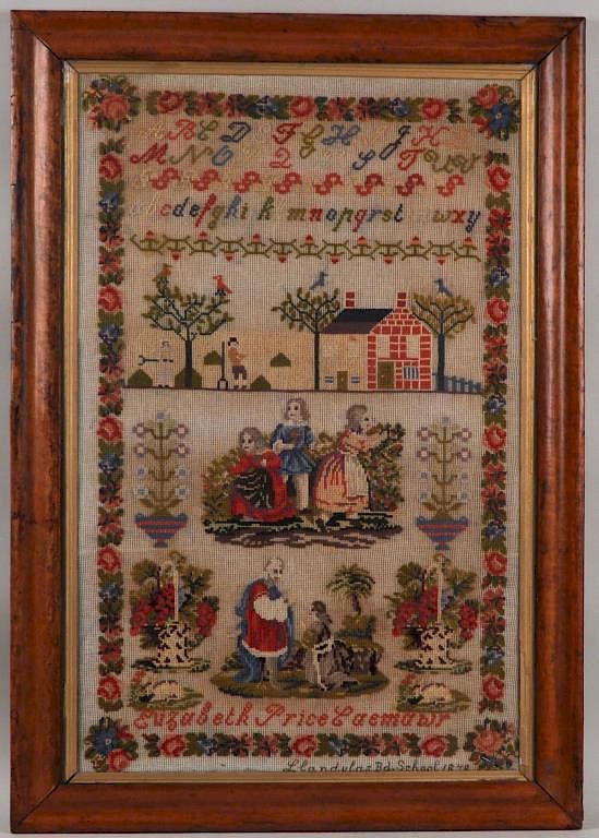 Appraisal: Large Schoolgirl Sampler Worked by Elizabeth Price Laemawr Landulas Boarding