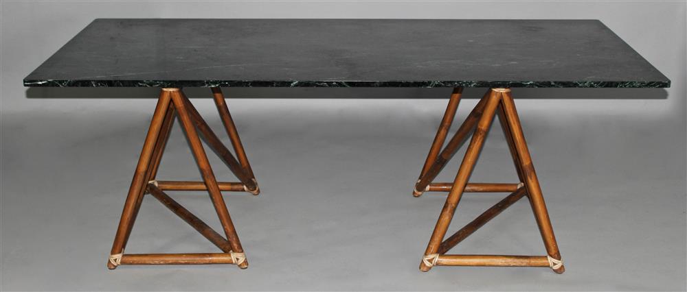 Appraisal: MCGUIRE DINING TABLE WITH MARBLE TOP AND RATTAN BASES a