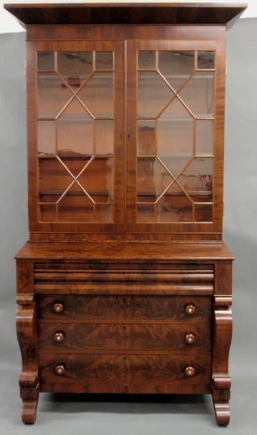 Appraisal: Empire mahogany two-part secretary bookcase with bold cornice two mullioned