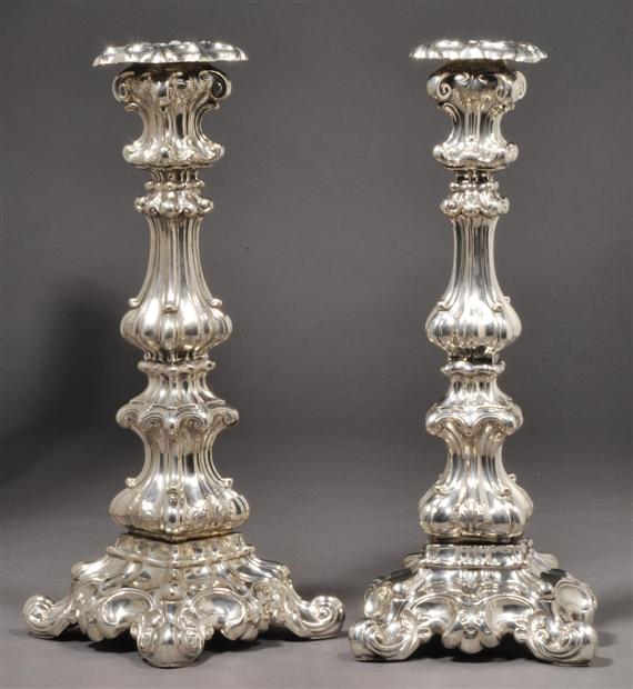 Appraisal: PAIR OF BAROQUE-STYLE CANDLEHOLDERS Berlin th century Maker's mark F