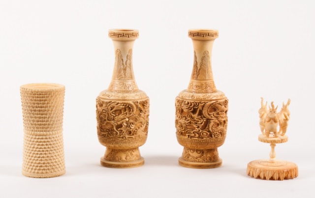 Appraisal: Four Chinese carved ivory articles first half- th century pair