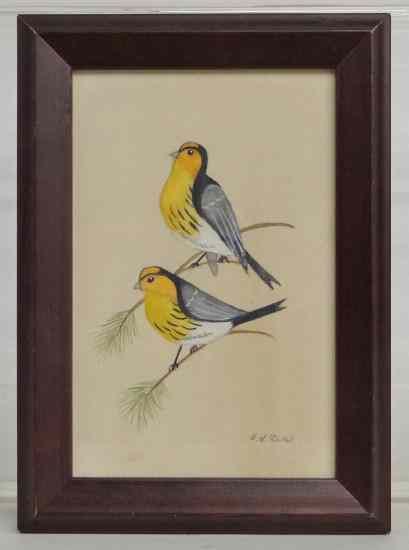 Appraisal: Watercolor ''Folk Art Birds'' by Conn folk artist Evelyn S